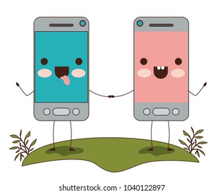 smartphones couple in field kawaii character