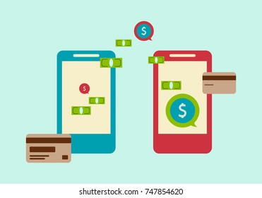 Smartphones, credit cards, currency. Concept-money transfer. Vector illustration. Eps 10.