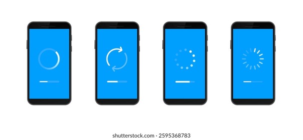 Smartphones display various loading screens. each screen shows distinct progress animations and icons.