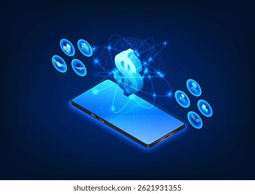 Smartphones with the Dollar symbol represent financial technology FinTech, that makes transactions, investments and money management easy and secure via mobile devices.