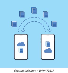 Smartphones file transfer. Data transmission, ftp files receiver and phone backup copy. Document sharing vector concept