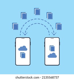 Smartphones file transfer. Data transmission, ftp files receiver and phone backup copy. Document sharing concept