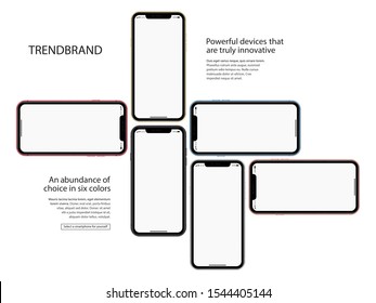 smartphones frameless with blank touch screen saver isolated on white background. realistic and detailed mobile phone mockup. stock vector illustration