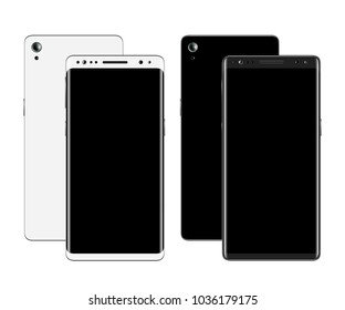 Smartphones front and back view isolated on white background. Mobile phone with blank screen. Cell phone mockup design. Vector illustration.