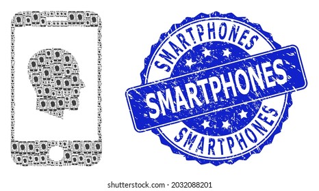 Smartphones estampación redonda y perfil de mosaico recursivo vector celular. El sello azul contiene texto de Smartphones dentro de forma redonda.