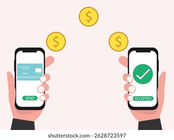 Smartphones in the hand with money and credit card on a screen online money transfer concept Vector illustration.