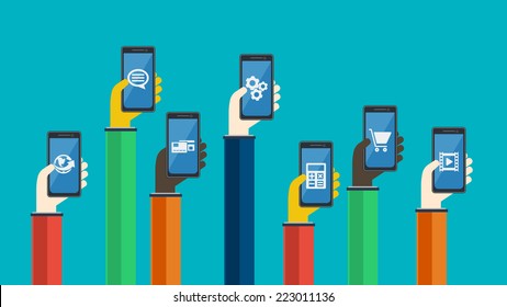 Smartphones in hands. Mobile apps concept. Vector in flat design. Symbols of earth, credit card , chat bubble, gears, video, shopping cart, calculator