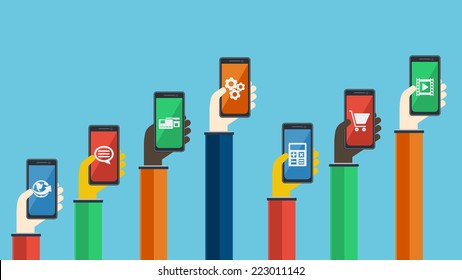 Smartphones in hands. Mobile apps concept. Vector in flat design. Symbols of earth, credit card , chat bubble, gears, video, shopping cart, calculator