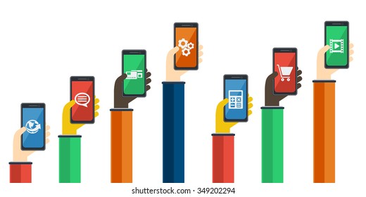 Smartphones in hands. Mobile apps concept. Vector in flat design. Symbols of earth, credit card , chat bubble, gears, video, shopping cart, calculator.  On white.