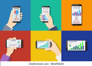 Smartphones in hands on colored background. Flat design. Infographic.