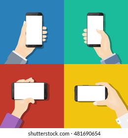 Smartphones in hands on colored background. Flat design. Infographic.