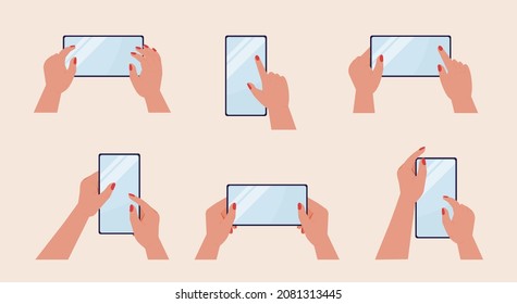 Smartphones in hands and touch empty screen. Mockup of multi touchscreens of mobile phones vector set. Surfing in Internet, drag scroll, play app games  illustrations in flat style.  