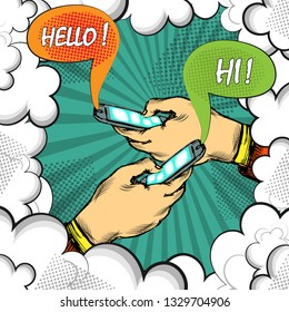 Smartphones in the hands of two users and dialog boxes on top on the background of pop art wallpaper in vintage style. Vector illustration