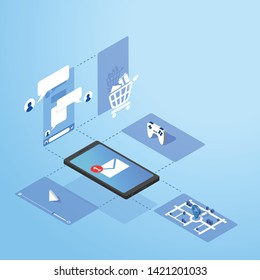 Smartphones help facilitate life, such as watching movies, listening to music, games, navigation, GPS navigation, and online shopping, on mobile phones. Vector illustration isometric design.