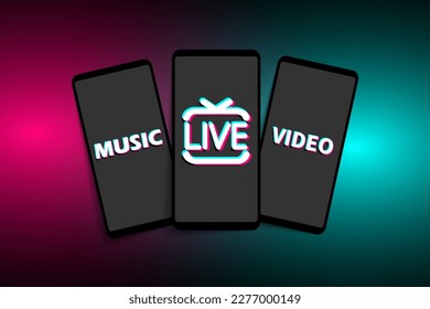 Smartphones with icons of the popular social media on a modern background. LIVE, VIDEO, MUSIC. Vector illustration