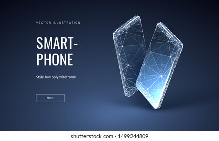 Smartphones low poly landing page template. 3d gadgets with touchscreen polygonal illustration. New cell phone promotion mesh art banner. Trendy telephone, tablet advertising webpage design layout