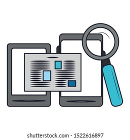 smartphones with magnifying glass icon over white background, vector illustration