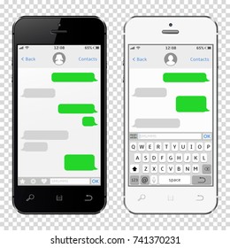 Smartphones With Messaging Sms App Template, Isolated On Transparent Background