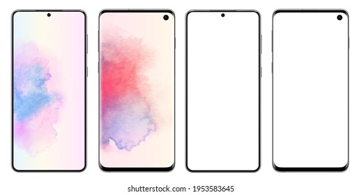 Smartphones, mobile phones isolated with blank screen and watercolor backgrounds, vector illustration.