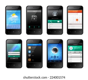 Smartphones with mobile ui design template set with weather music applications isolated vector illustration