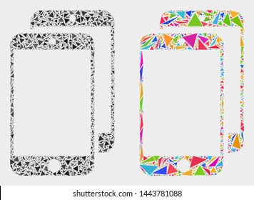Smartphones mosaic icon of triangle elements which have variable sizes and shapes and colors. Geometric abstract vector illustration of smartphones.