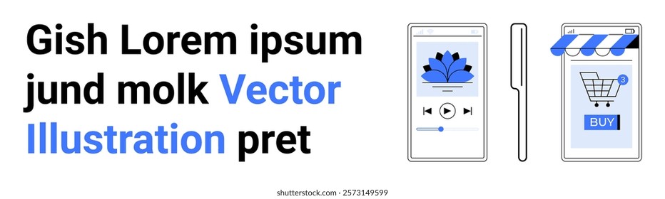 Smartphones with multimedia app and retail app icons indicating play and buy buttons. Ideal for technology, ecommerce, mobile apps, multimedia, and online shopping. Banner for landing page