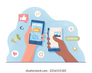 Smartphones with newspaper. Characters share news, show each other knowledge and information. Communication and interaction, rumors and gossip. Gadgets and devices. Cartoon flat vector illustration