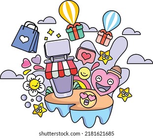 smartphones for online store, social networking concept. Vector illustration cute for Mobile Application and banner design