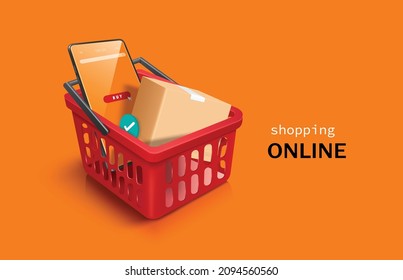 Smartphones and parcel boxes are placed in a red shopping basket and all object on orange background for online shopping concept,vector 3d isolated for advertising design