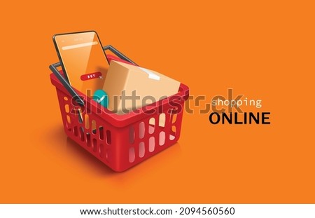 Smartphones and parcel boxes are placed in a red shopping basket and all object on orange background for online shopping concept,vector 3d isolated for advertising design