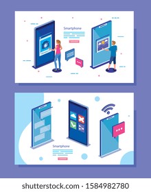 Smartphones and people design, Digital technology communication social media internet and web theme Vector illustration