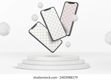 Smartphones with podium display scene with icospheres vector