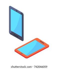 Smartphones or portable cell phones in isometric design set. Modern digital tablets with blue screen vector illustrations isolated on white background.