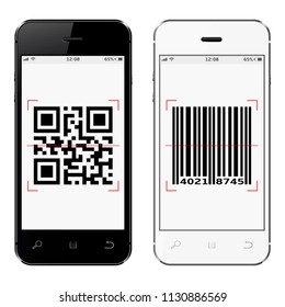 Smartphones with QR and bar code on screen isolated on white background. Vector illustration.