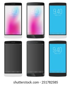 Smartphones in realistic and flat design styles, both black and white phone colors. Vector illustration