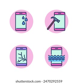 Smartphones repair line icon set. Cracked phone display, mobile phone repair, screen waterproofing, cellphone and water. Mobile phone repair service concept. Vector illustration for web design and app