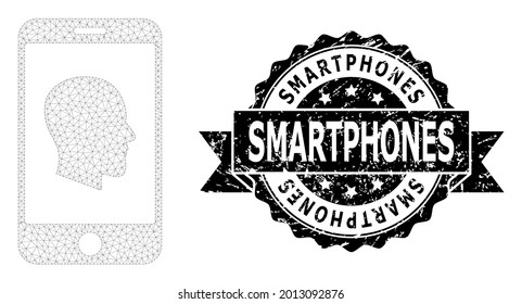 Smartphones scratched stamp and vector cellphone profile mesh structure. Black seal has Smartphones text inside ribbon and rosette. Abstract flat mesh cellphone profile, created from flat mesh.