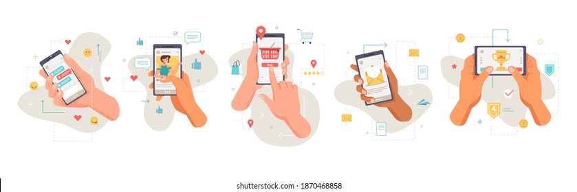 Smartphones screens showing applications, isolated set of icons of hands with mobile phones. Shopping and social media, networks and games. Entertainment and chatting online, vector in flat style