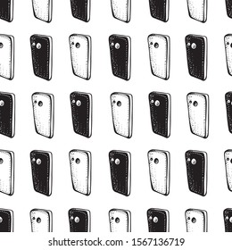 Smartphones seamless patterns. Electronic devices. Linear and silhouette mobile phones. Smartphone doodle vector illustration. Social media concept. Black and white.