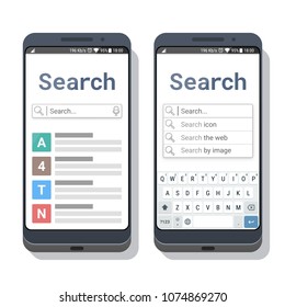Smartphones with search application template or mobile web browser and virtual keyboard for mobile devices on the screens. Web page design for a search engine. Vector illustration