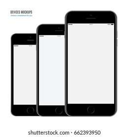 smartphones set black color with blank touch screen saver isolated on white background. detailed and realistic mobile phone mockup. stock vector illustration