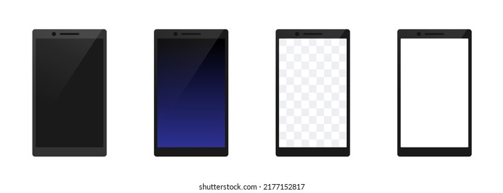 Smartphones set. Smartphones with blank, black and transparent screen. Smartphone template. Vector clipart isolated on white background.