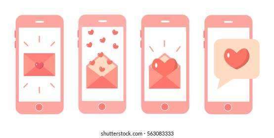 Smartphones set with love messages isolated on white background. Flat design. Vector illustration.