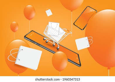 Smartphones shopping bag and shopping carts floating in the air on an orange background and there are balloons floating full of the area,shopping online concept