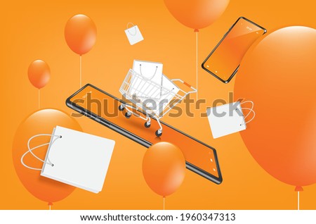 Smartphones shopping bag and shopping carts floating in the air on an orange background and there are balloons floating full of the area,shopping online concept