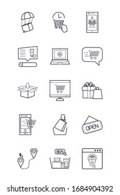 smartphones and shopping online icon set over white background, line style, vector illustration