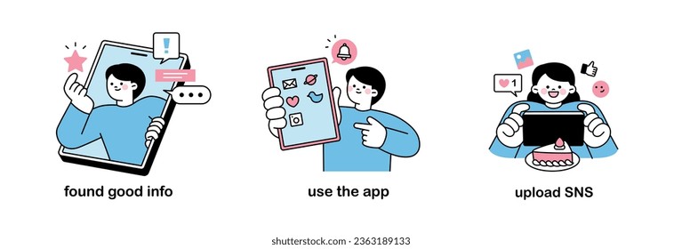 Smartphones and social media. Good information search, smartphone app, and social network upload reviews. outline simple vector illustration.