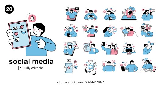 Smartphones and social media. Mega set of people using social networks.outline simple vector illustration.