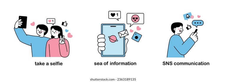 Smartphones y medios sociales. Toma de selfies, océano de información, comunicación en redes sociales. ilustración simple del vector de esquema.