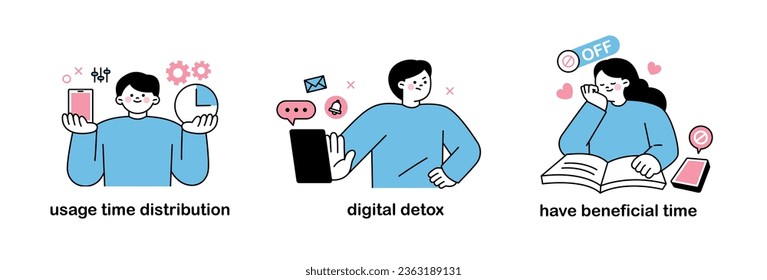 Smartphones and social media. Time distribution, digital detox, have beneficial time. outline simple vector illustration.